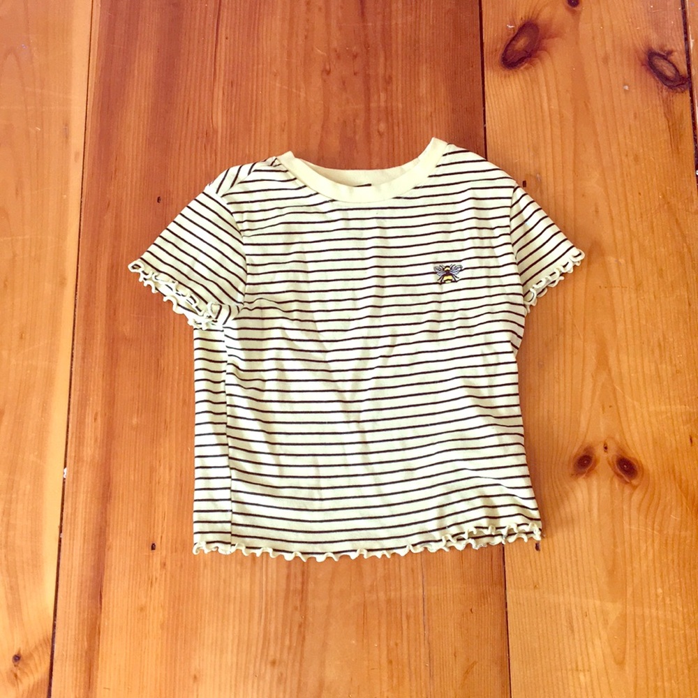 Girls yellow striped t shirt with bee embroidery